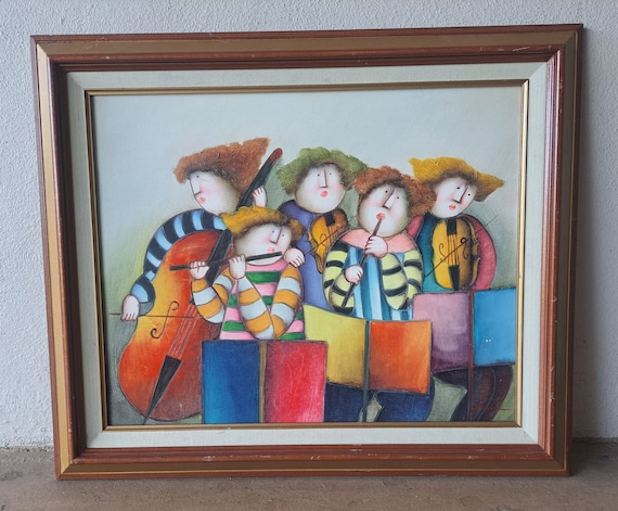 アート・デザイン・音楽 THE FINE ART OF BALLAD PLAYING Vol. 6 J. Roybal Vintage Painting: Children Playing Flutes, Signed Framed