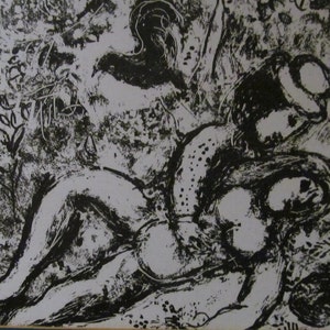 May include: Black and white abstract print of two figures in a reclining pose. The print has a textured, painterly style.