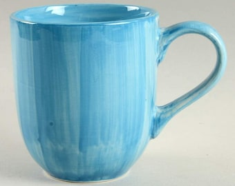 Handpainted Aqua Blue Colored Vertical Stripe Design Collectible Large Coffee Mug By Citrus Grove