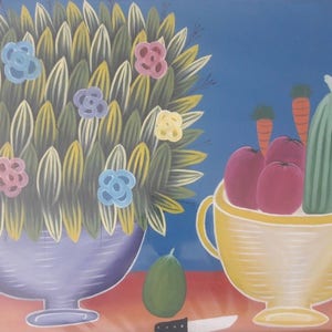 May include: A painting of a still life with a blue vase filled with green leaves and colorful flowers, a yellow bowl filled with red apples, green cucumbers, and carrots, and a green avocado on a red surface.