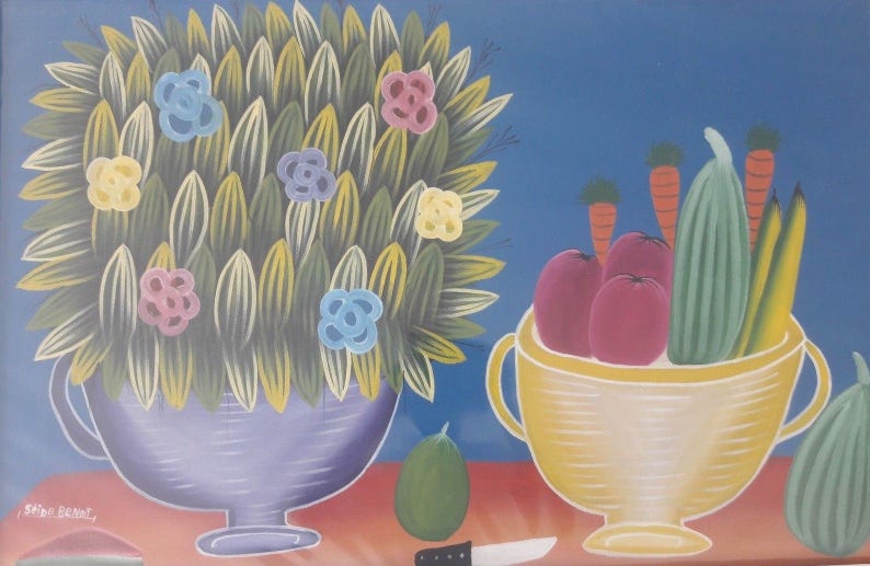May include: A painting of a still life with a blue vase filled with green leaves and colorful flowers, a yellow bowl filled with red apples, green cucumbers, and carrots, and a green avocado on a red surface.