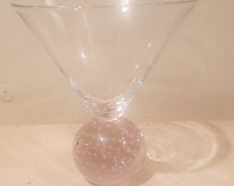 Handblown Martini Glass/Display Pink Colored Controlled bubbles Ball Base Mid-Century Style