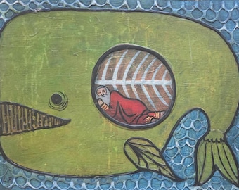 Signed LK Jonah in the Whale Bibical & Torah Jewish Israeli Judaica Art Painting
