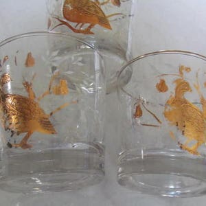 Vintage Barware Libbey Glassware A set of (3) Partridge Bird Gold Filigree Designs Low Ball Mid Century