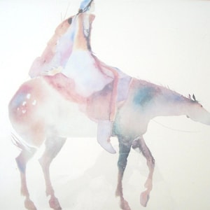 May include: Watercolor painting of a person riding a horse. The artwork features soft, blended colors of pink, blue, and brown. The horse is depicted in profile, with the rider seated atop, creating a serene and artistic composition.