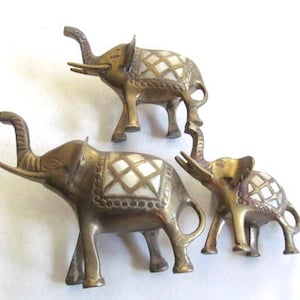 Vintage (3) Brass Solid Detailed Lucky Elephants with Raised Trunks Handmade with Mother of Pearl Body Display Figurine, Indian