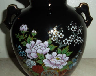 1970's Vintage Black Japanese Ceramic Handpainted Vase, with Gold Finish Detailing Blossoming Flowers, Fine China Japan