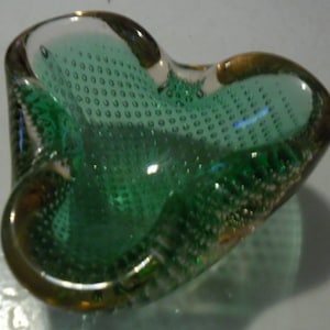 Vintage Murano Small Bullicante Handblown Table Display Glass In Gold and Green, Controlled Bubble-Italy