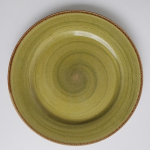 May include: A green ceramic dinner plate with a brown rim and a speckled finish. The plate has a swirl design in the center.