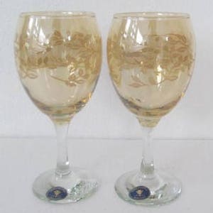 Vintage (2) Cristalleria Fumo Handmade Wine Glasses Gold Color Champagne Water Goblets with Flowers Design Long Stem- Italy