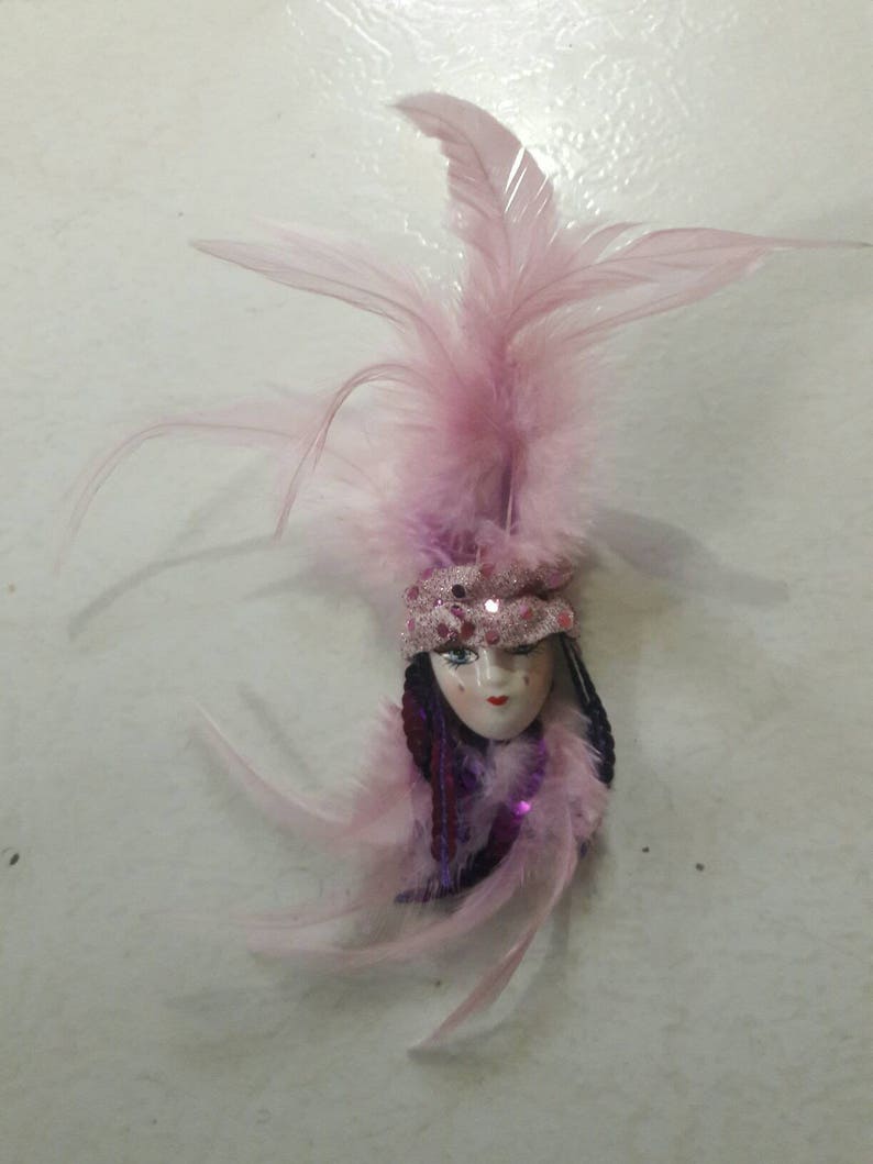 Vintage Porcelain Faces By Elvira /& Jackie Porcelain Magnet For Board Display Dress-up Style Handmade Pink Feathers Glamour Woman