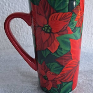 Poinsettia Red Flowers Collectible Tall Mug White Fine Bone China Mug, Made In USA