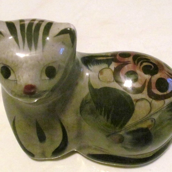 Vintage Mexican Tonala Pottery Hand Painted Ceramic Cat Figurine -Collectible Folk Art