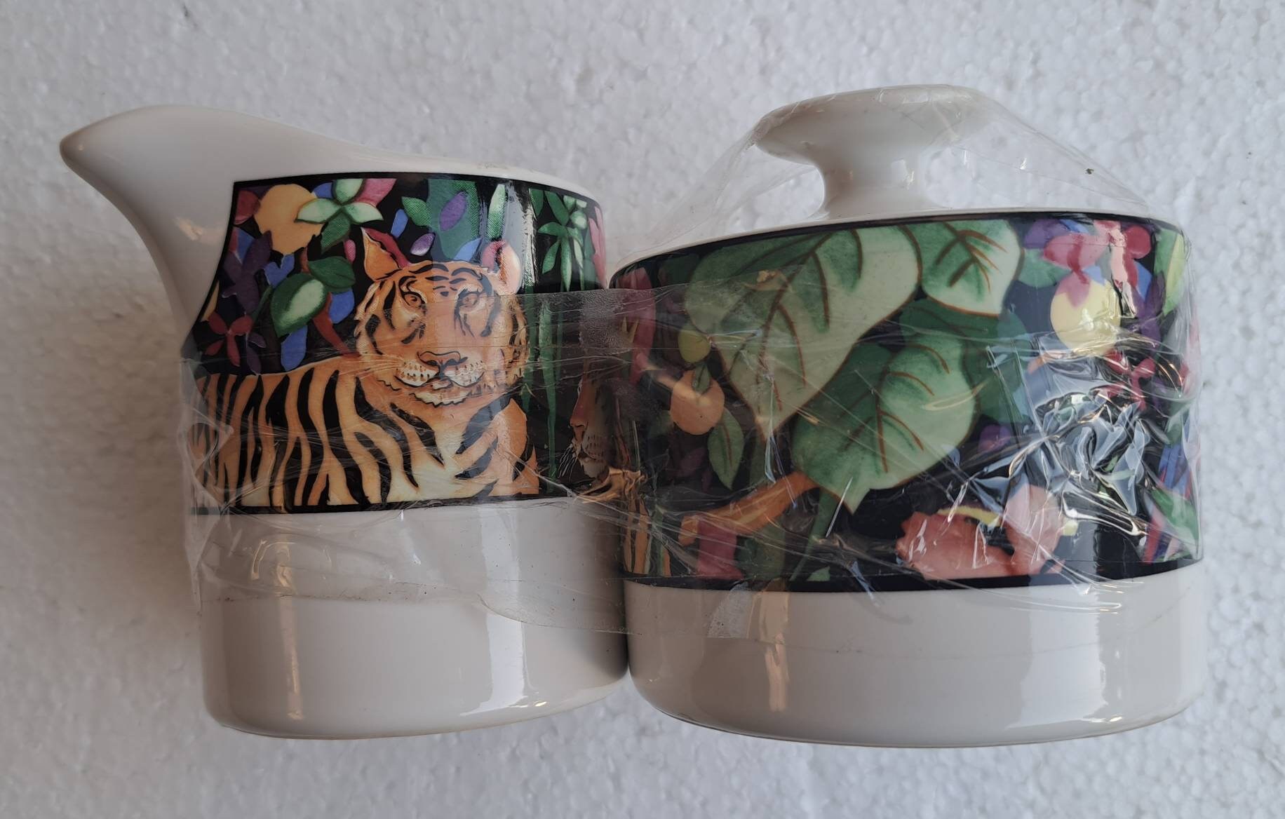 Vintage "1993 VITROMASTER "RAIN FOREST" Novelty Collectible Ceramic Sugar Bowl and Creamer Set