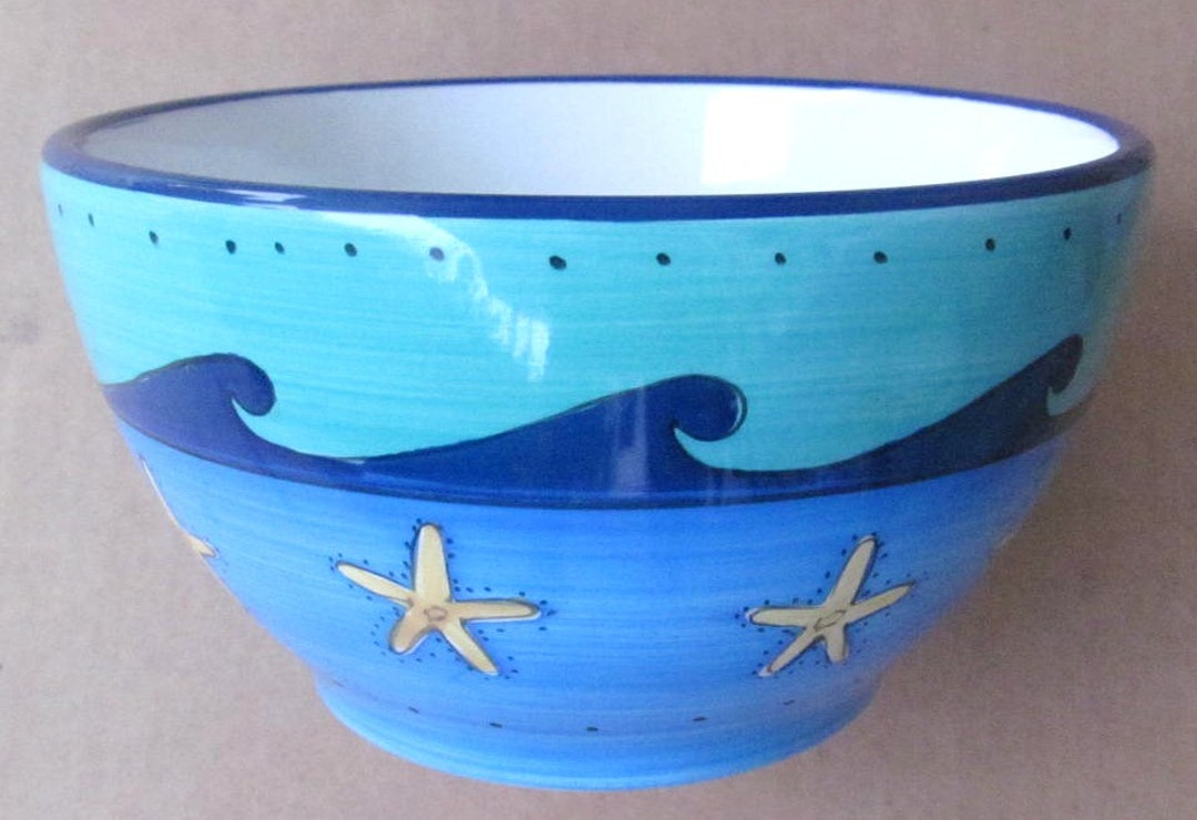 Brushes K.I.C. Hand Painted, Large Cereal Bowl Blue Green Ocean Seaside