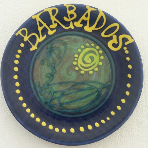 Handmade Earthworks Ceramic Pottery Large Blue with Green Sun Dinner "Barbados" Plate/Platter  by Goldie Spieler
