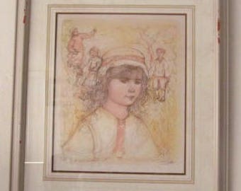 Portrait of a Girl with Blue Dress in Garden Vintage Edna Hibel Lithograph Signed with Ornate Gold Frame