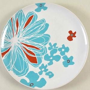 Bullra by IKEA Large Dinner Plate 10 1/2&quot; Turquoise Aqua Blue Red Flower Floral #15199 by IKEA Made In Sweden