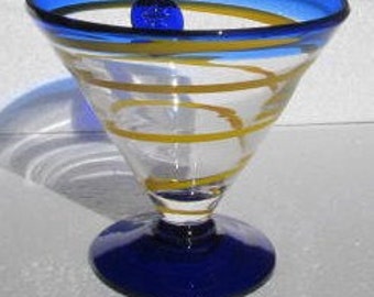 Kosta Boda (1) Royal Caribbean Martini, Margarita Cocktail Glass, Handblown Cobalt Blue and Yellow Swirl with Blue Glass Seal