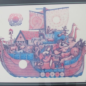 Litografía a color firmada por Amram Ebgi. Título: &quot;Noé y el Arca&quot;. Arte judaico enmarcado. Firmado por el artista.