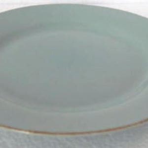 Może przedstawiać: Jasnoniebieski talerz ceramiczny z pozłacanym rantem.