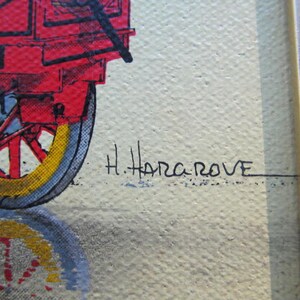 K&ouml;nnte beinhalten: Eine rote und gelbe Lokomotive mit einer schwarzen Signatur "H. Haracrove" auf wei&szlig;em Hintergrund.