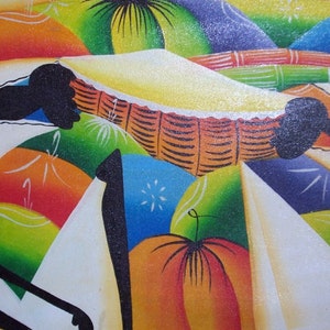 May include: A colorful abstract painting featuring two figures carrying a basket on their shoulders. The figures are silhouetted in black against a background of bright colors, including yellow, orange, green, blue, and red.