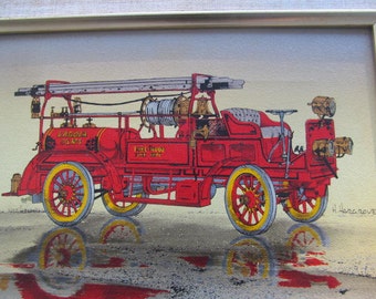 May include: A vintage red fire engine with a ladder, hose, and bells. The engine has the words "Ladder Company" and "Fire Room No. 1" on the side. The engine is painted in a realistic style and is set against a light beige background.