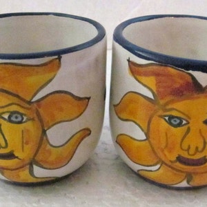 Vintage Sin Plumo Pottery Mugs: Handmade Mexican Sun Face Ceramic Set