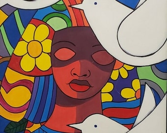 Rare Signed RUPHY Latina Woman Dominican Republic Painting Art inspired by Romero Britto