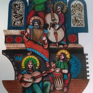 Impresión enmarcada judaica de edición limitada firmada por Amram Ebgi &quot;LOS 5 MÚSICOS&quot;, lámina coloreada y en relieve 558/900.