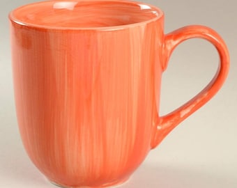 Handpainted Coral Peach Orange Colored Vertical Stripe Design Collectible Large Coffee Mug By Citrus Grove