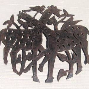 Haitian Art, Handmade Recycled Drum Metal &quot;Giraffe&#39;s & Bird&quot; Folklore Sculpture Extra Large Wall Display Haiti