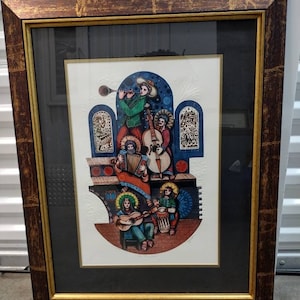 Edición limitada firmada Amram Ebgi &quot;LOS 5 MÚSICOS&quot; Lámina coloreada y en relieve 558/900 Intalgio Arte Judaica enmarcado y en relieve.