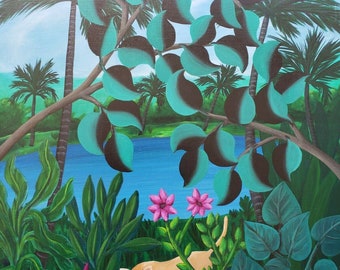 1984 Martin Bessega Naif Jungle Lion Painting Argentina Venezuela Listed Artist
