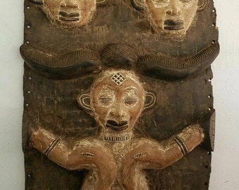 Rare Vintage Early to Mid 20th century Punu Mukudji African Wood Granary Door Panel Mask Okuyi Figures - Gabon Africa