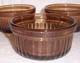 Vintage Anchor Hocking (3) Braune Farbe Gerippte Sammler Glas Puddingschalen USA