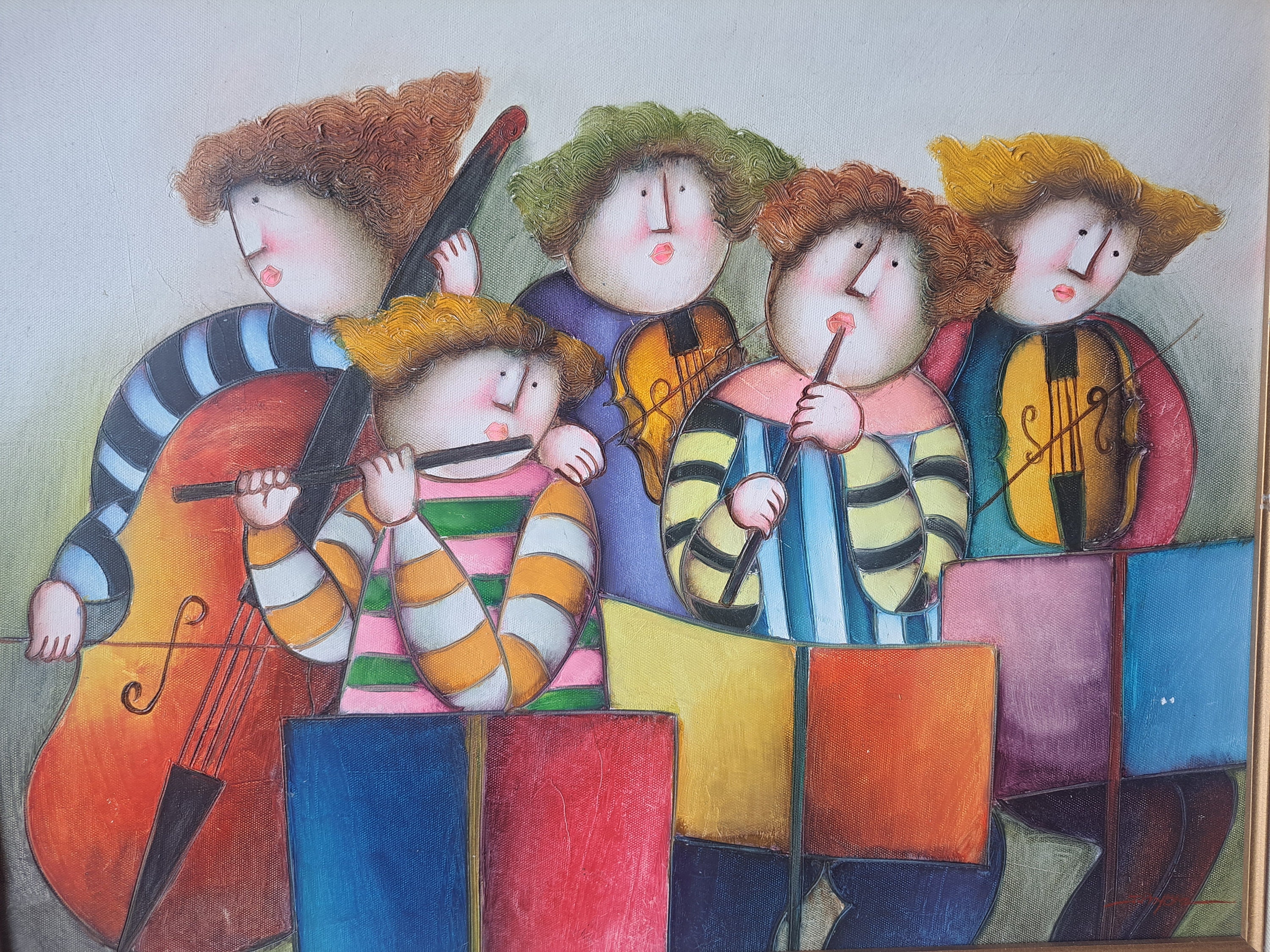J. Roybal Vintage Painting: Children Playing Flutes, Signed Framed