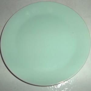 May include: A light green ceramic plate. The plate is round and has a smooth surface.