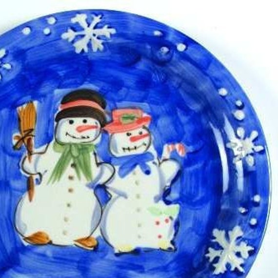 Set of 4 Dinner Plates by Tabletops Unlimited Snow Family Christmas Snowman Blue 