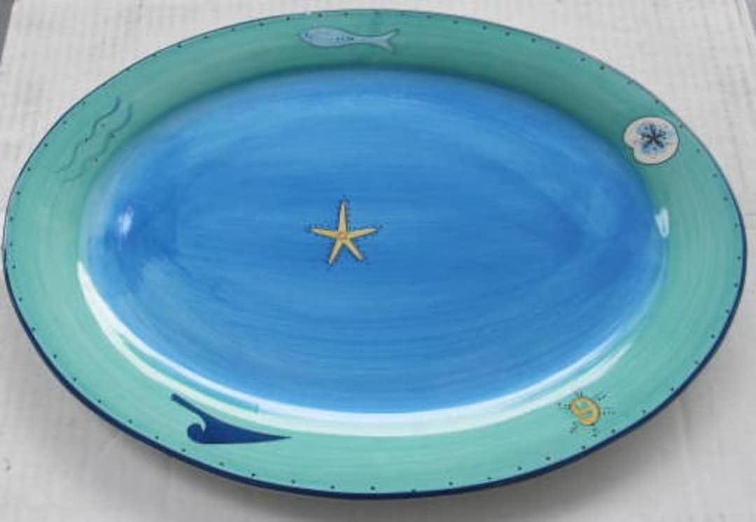 Brushes K.I.C. Hand Painted, Extra Large Serving Platter Blue Green
