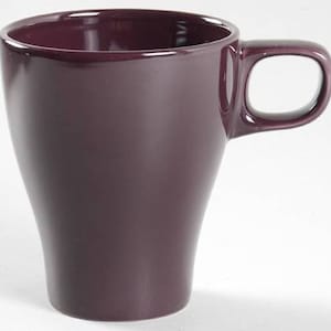 May include: A deep purple ceramic mug with a flared shape and a handle.