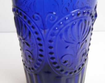 Fleur-De-Lys Cobalt Blue Glass Flat Tumbler Pressed Glass by Anthropologie Glassware