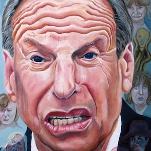 May include: A close-up portrait painting of a man with a stern expression. He has a furrowed brow, a tight-lipped mouth, and a determined look in his eyes. The painting is done in a realistic style with a focus on detail.