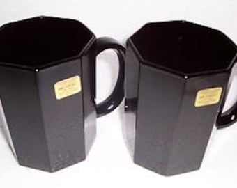 Vintage Arcoroc Octime Black Glass Mugs: Octagonal French Design