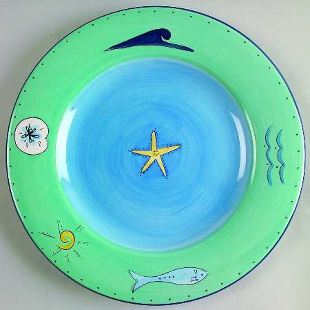Brushes K.I.C. Hand Painted, Large Dinner Plate Blue Green Ocean