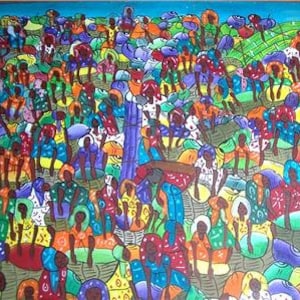 Rare Signed B. MASCARY Haitian Art &quot;Women In The Marketplace&quot; Acrylic Painting Haiti