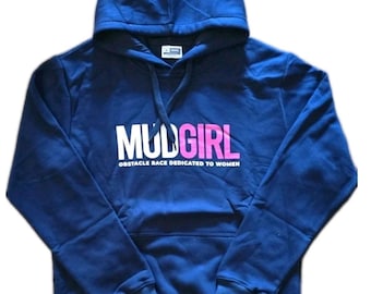 Mud Girl Run Pullover Hoodie: Blue with Pink Logo Small, Medium, Large and 3XL