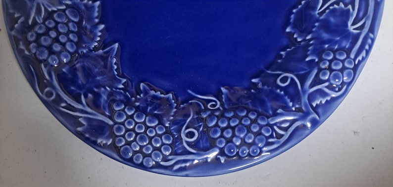 May include: A blue ceramic plate with a white grapevine design. The plate has a raised rim and a smooth surface.