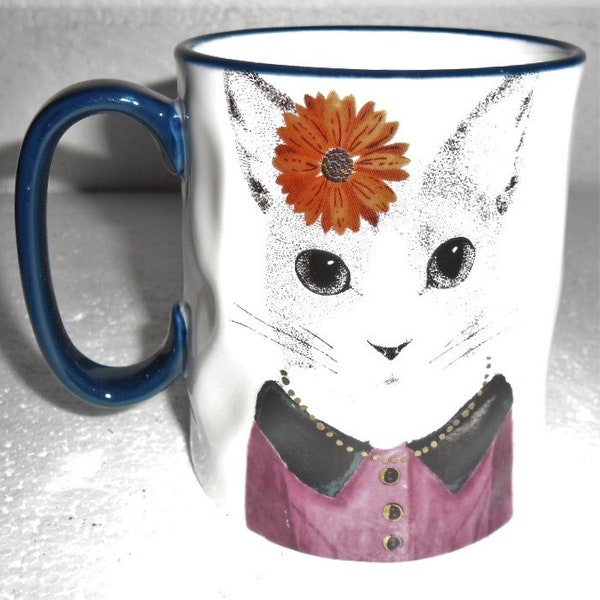 Signature Housewares Hipster Animal Stoneware "Cat" Design Handmade Ceramic  Coffee Mug, 14 oz